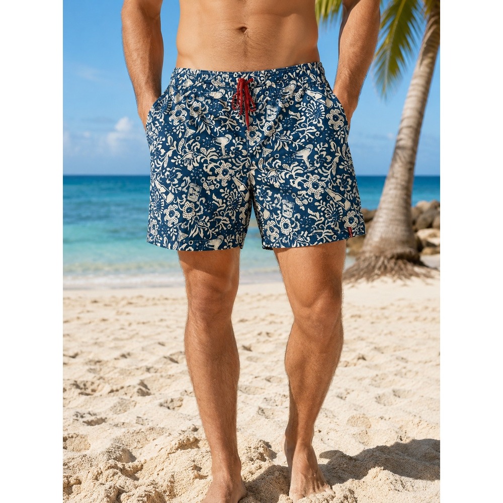 Tommy Bahama Swim Trunks Large Blue White Floral Cocktail Print Board Shorts